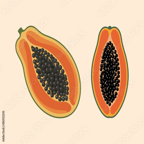 Ripe papaya half with black seeds vector illustration fresh tropical fruit cut in half isolated