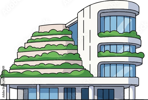 Modern tiered building with green terraces and glass facades