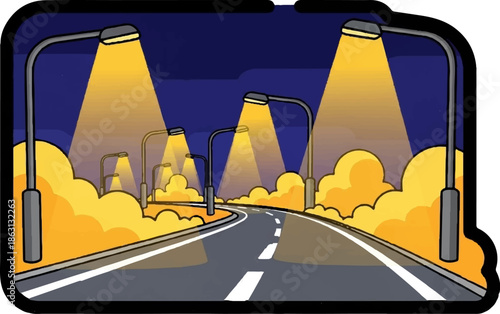 Illuminated road at night with streetlights and glowing clouds