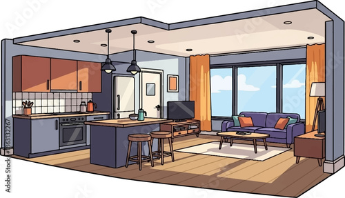 Interior view of a modern apartment featuring a kitchen island, living area, and large windows