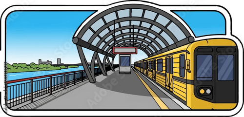 Modern train station platform with a river view and sunny sky