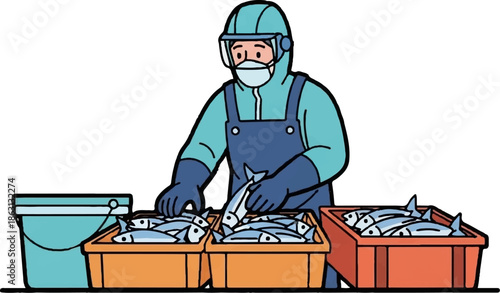 Person in protective gear sorts fish into bins