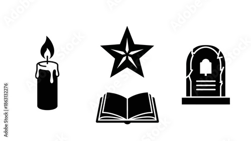 Collection of various black and white icons representing spiritual and memorial themes, including a candle, star, open book, and tombstone.