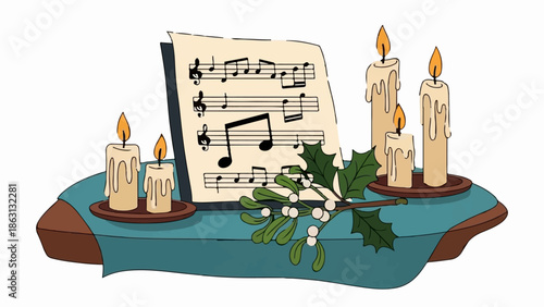 Illuminated sheet music rests beside flickering candles and a sprig of holly