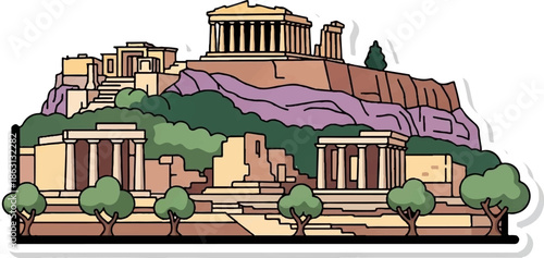 Illustrated ancient architectural complex atop a green and rocky hill, featuring classical temples and ruins