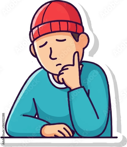 Person in red beanie and teal sweater looks pensive, resting chin on hand