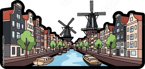 Illustrated cityscape with canals, traditional houses, boats, trees, and iconic windmills under a clear sky