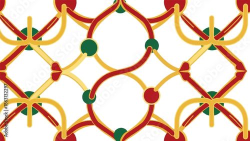 Interlocking golden, crimson, and emerald curvilinear and angular elements form a cohesive pattern