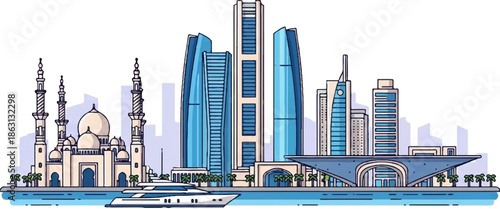 Illustrated city skyline with modern skyscrapers, a grand mosque, yacht, and palm trees by the water