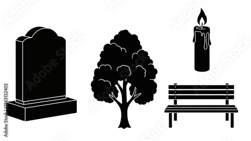 Set of black silhouettes: tombstone, tree, burning candle, and park bench, isolated on white background.