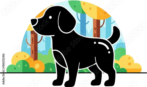 Illustration of a black dog standing in profile with a colorful, stylized forest background behind it