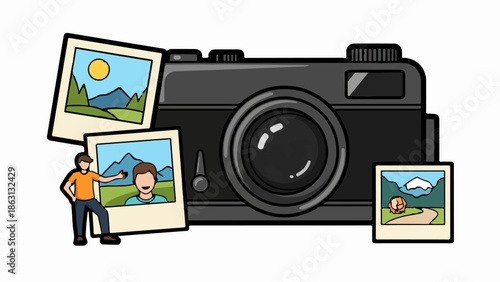 Illustration of a black camera with three instant photos landscapes, a selfie, and a person