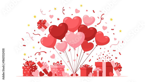Valentine's Day celebration with heart-shaped balloons, gift boxes, and confetti for romantic occasions.