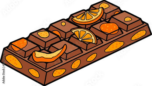 Isometric cartoon drawing of a chocolate bar with orange slices and pieces on a white background
