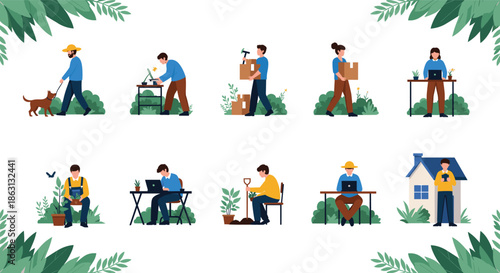 People Gardening and Working from Home Illustration Set Showing Plant Care, Potting, Yard Work, Delivery, and Outdoor Lifestyle Activities