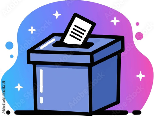 Illustration of a blue ballot box with a white paper inserted, on a vibrant purple and blue background