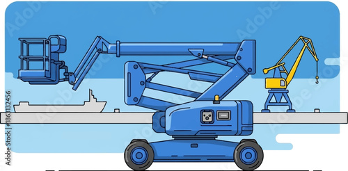 Illustration of a blue boom lift and a yellow crane at a port with a ship in a simple, flat style