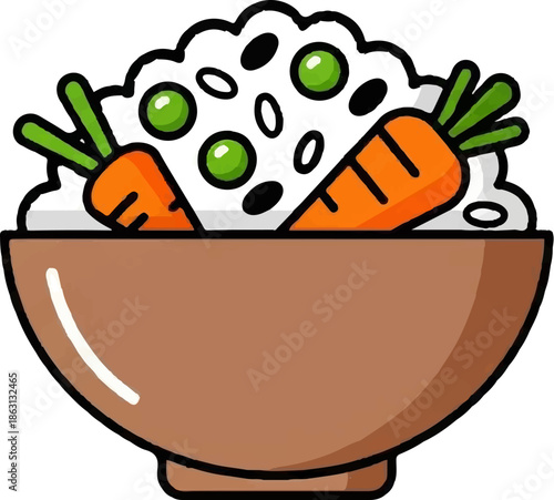 Illustration of a brown bowl filled with white rice, green peas, black beans, and orange carrots