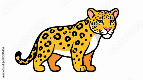 Illustration of a bright yellow leopard or jaguar with black spots and green eyes, standing on white