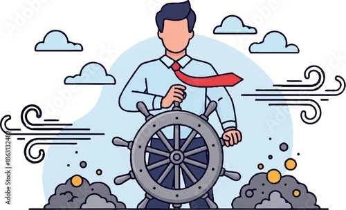 Illustration of a businessman confidently steering a large ship's wheel amidst wind and elements