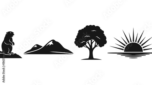 Collection of nature-inspired silhouette icons including a marmot, mountains, a tree, and a sunrise over water.