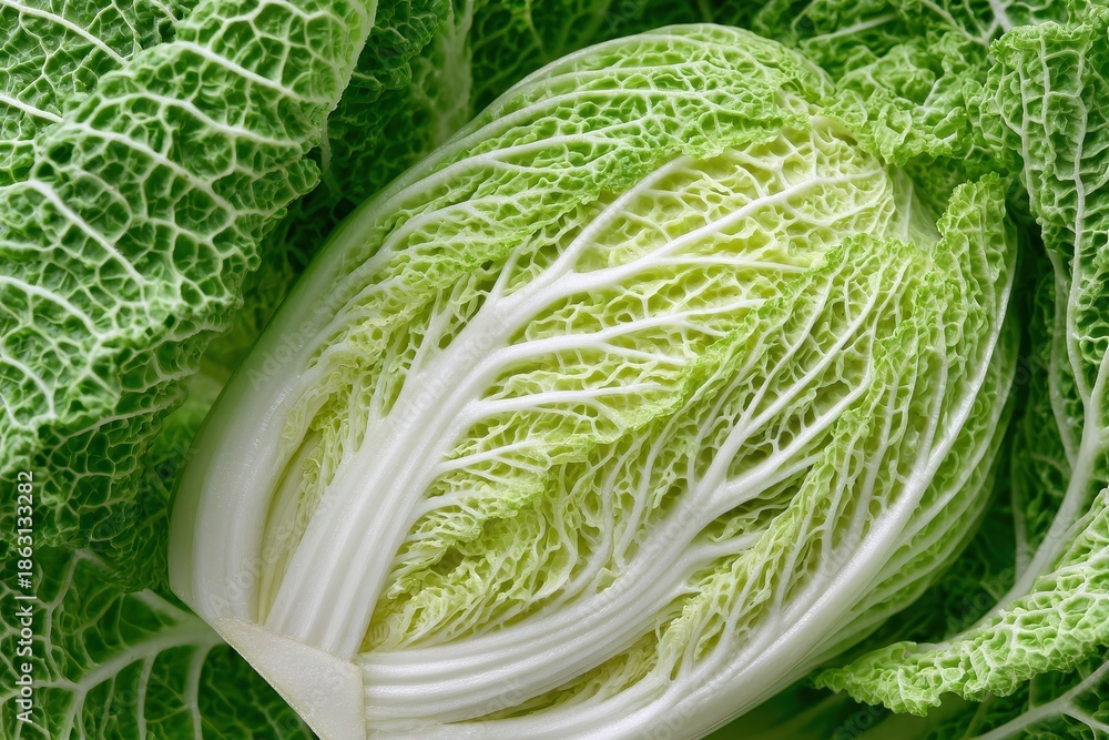 Fototapeta premium Fresh napa cabbage close-up showing texture and layers in a bright light