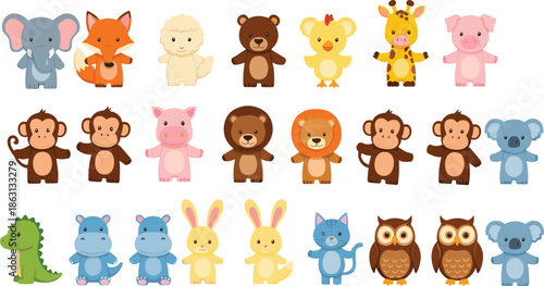 Cute Cartoon Animal Illustration Set Featuring Forest and Farm Animals Including Bear, Lion, Elephant, Monkey, Rabbit, Owl, and Pig Characters