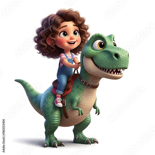 Young Girl Riding Cartoon Dinosaur Character.