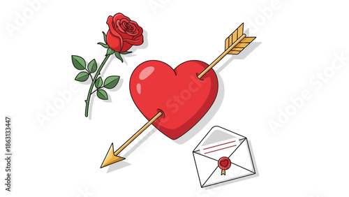 Valentine's Day themed illustration with a red rose, heart pierced by an arrow, and a love letter envelope.