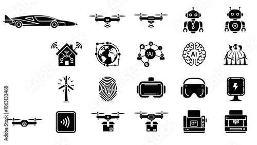 Collection of modern technology and artificial intelligence icons in black and white.