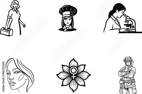 Black and white line drawings of various occupations and symbols