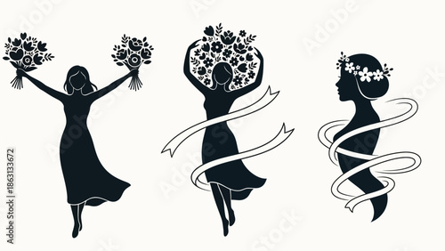 Set of three elegant female silhouettes with floral elements and ribbons, celebrating beauty and nature.