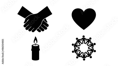 Set of black and white icons representing unity, love, remembrance, and community spirit.