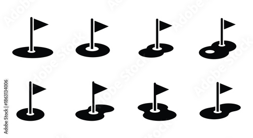 Black and white illustration of golf holes with flags on a white background