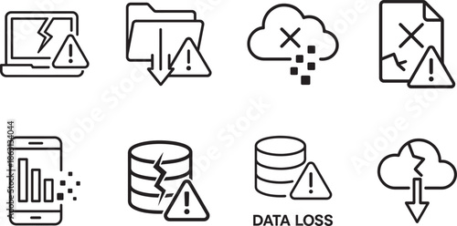   Data loss outline icon set for web UI. Minimal vector logos for security, backup, error, and cloud warning.