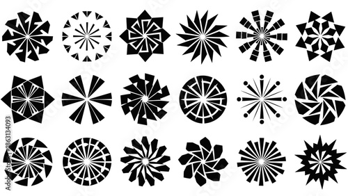 Collection of various black and white abstract geometric shapes, patterns, and symbols, perfect for design elements.
