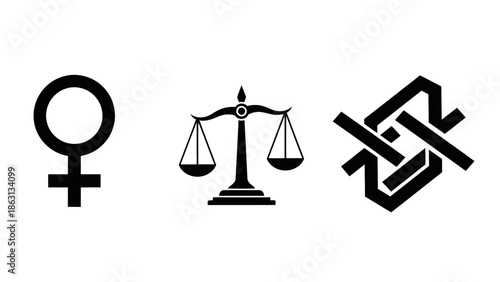 Three distinct black and white symbols representing femininity, justice, and interconnectedness on a clean background.