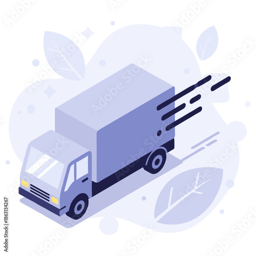 Isometric delivery truck illustration with speeding effect and leaf motifs
