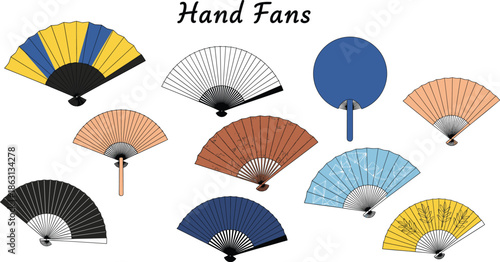 Hand Fan Illustration Set Featuring Traditional Folding Fans and Round Paddle Fans with Decorative Patterns for Summer Cooling and Cultural Design Concepts