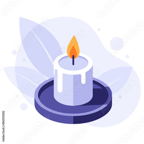 Lit candle on purple holder with abstract leaf background