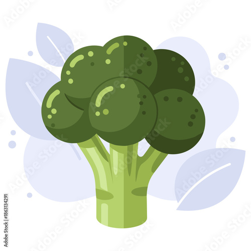 Fresh green broccoli with leafy background illustration