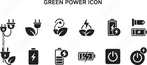 Green Energy Icons: Renewable Power Symbols Including Plugs, Leaves, Batteries, and Power Button