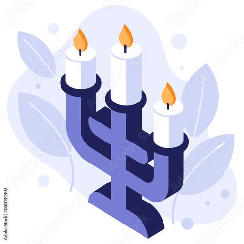 Minimalist candelabra with three lit candles and leafy abstract background
