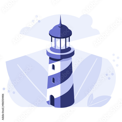 Minimalist blue and white striped lighthouse on cloudy background