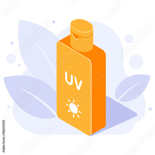 Orange uv protection lotion with sun icon and leaf background
