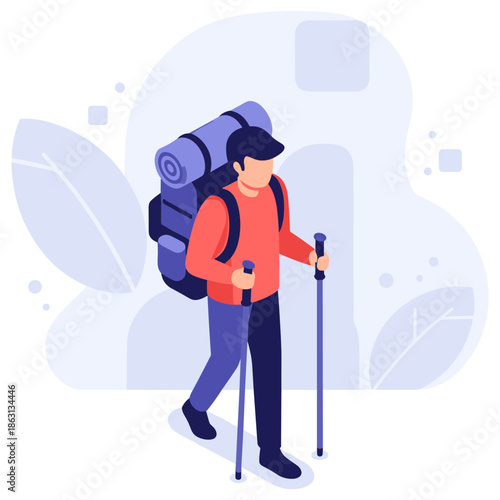 Young caucasian male hiker with backpack and trekking poles in nature