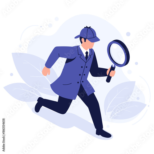 Detective cartoon character running with magnifying glass in blue outfit
