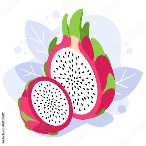 Colorful dragon fruit with leaves and seeds on light background