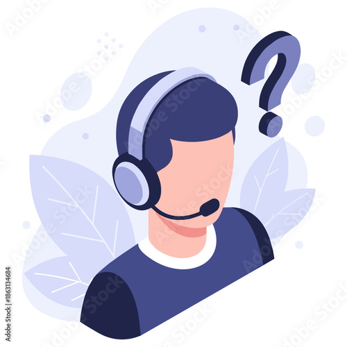 Vector illustration of male call center operator with headset and question mark