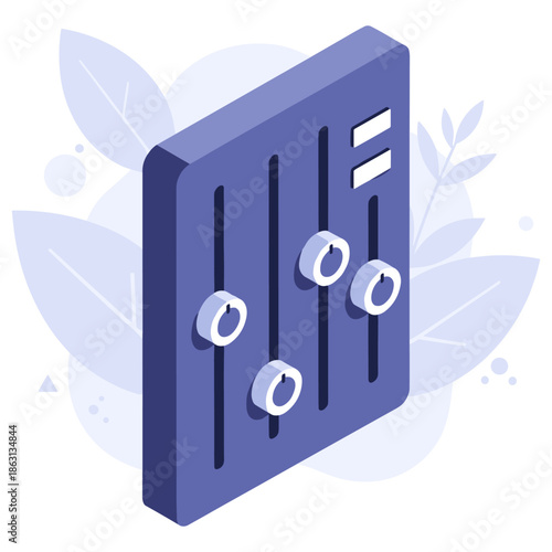 Isometric purple sound mixer with sliders and leaf design